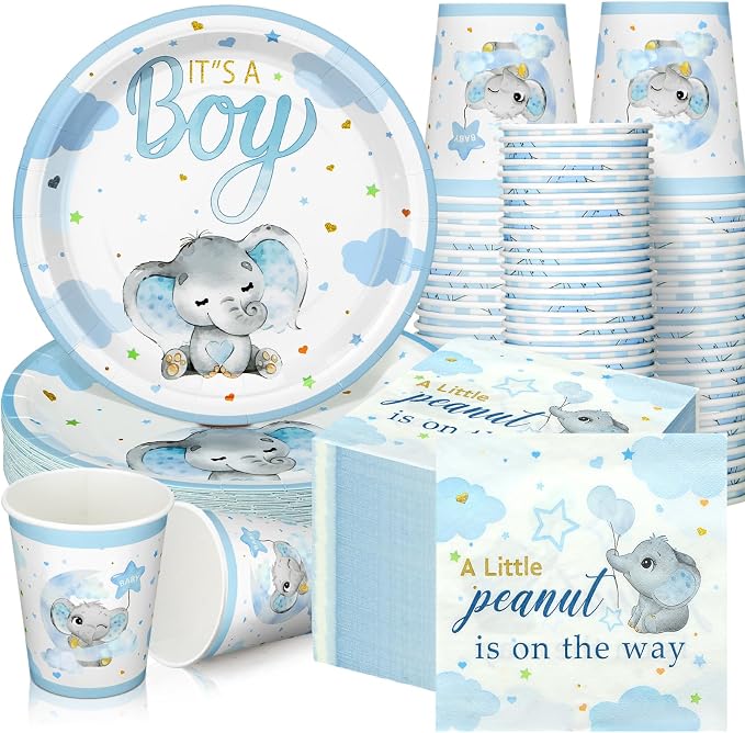 200 Pcs Blue Elephant Baby Shower Paper Plates Napkins Cups Its a Boy Baby Shower Party Supplies Tableware Set Elephant Disposable Cup Napkin for 50 Guest Girls Spring Party Decoration