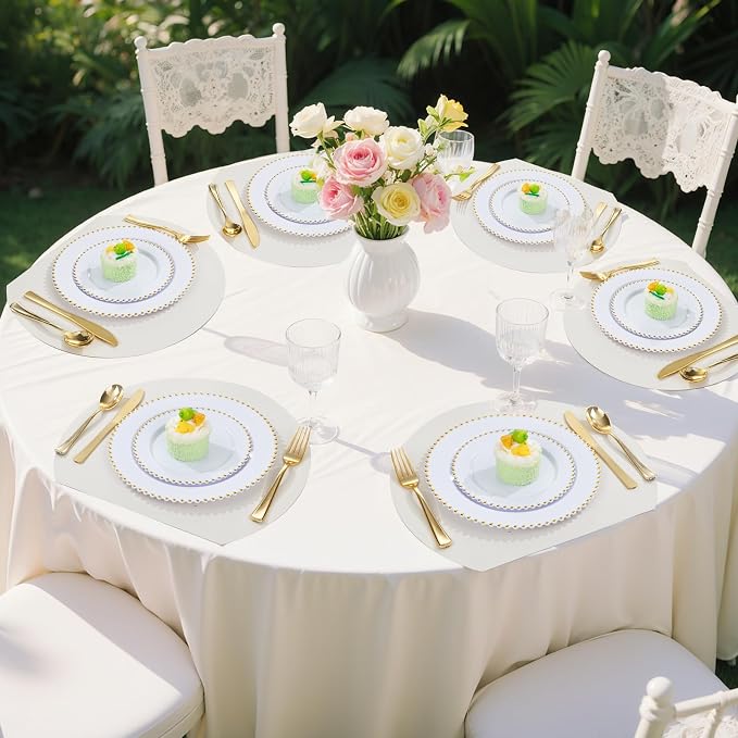 LIYH 350 Pcs White and Gold Plastic Plates - Elegant Disposable Gold Plastic Dinnerware Set Include Dinner & Dessert Plates Cups Napkins for Birthday Party Wedding