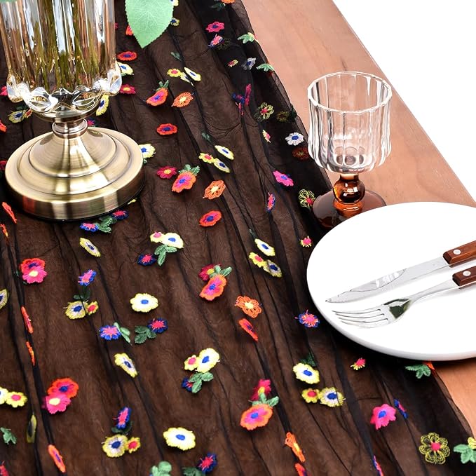 Joanlody Black Summer Flower Table Runner 10ft Embroidery Daisy Floral Seasonal Tulle Table Runner for Home Garden Tea Party Holiday Birthday Decoration