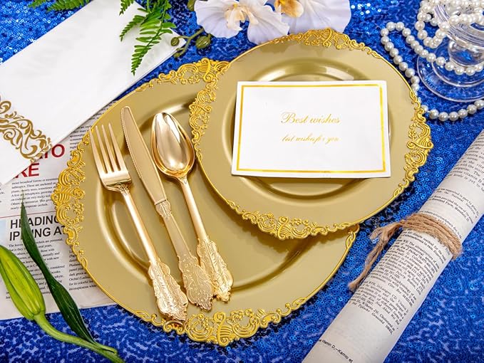Morejoy 175PCS Solid Gold Plastic Plates with Gold Rim, Disposable Dinnerware Sets Include 25 Dinner Plates,25 Dessert Plates,25 Cutlery Sets,25Cups,25 Napkins Perfect for Party & Wedding