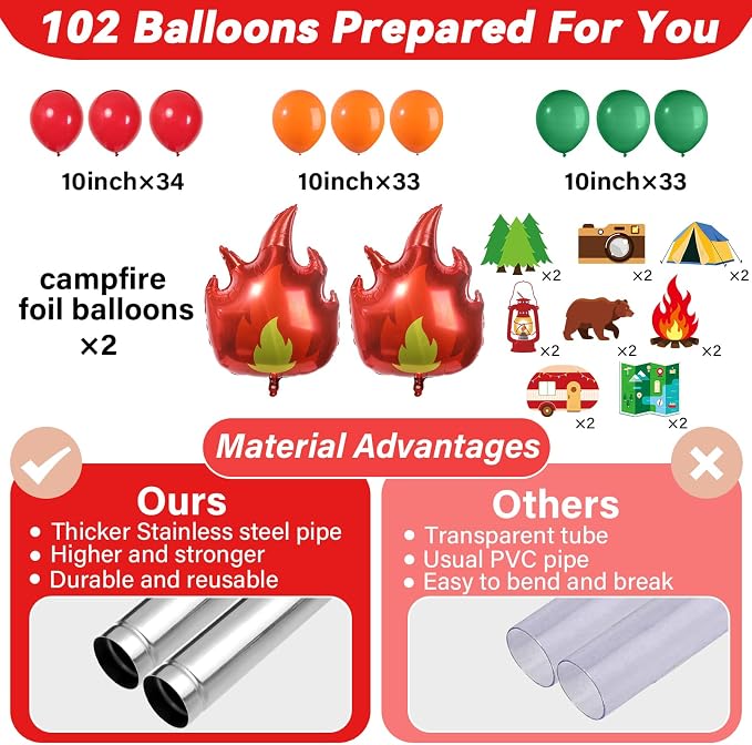2 Sets Vbs Camping Balloon Column Stand Kit With 102 Camping Balloons Campfire Foil 5.57ft Adjustable Balloon Tower Stand With Bases Adjustable Arch Column for 2026 School Camp Party Birthday Supplies