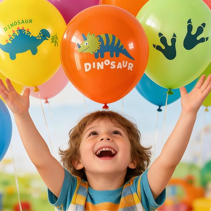 Cartoon Dinosaur Themed Happy Birthday Party Decorations, Plates Napkins Cups Tableware, Dino Backdrop Tablecloth, Happy Birthday Banner, Cake Topper, Colorful Printed Balloons for Kids Adults