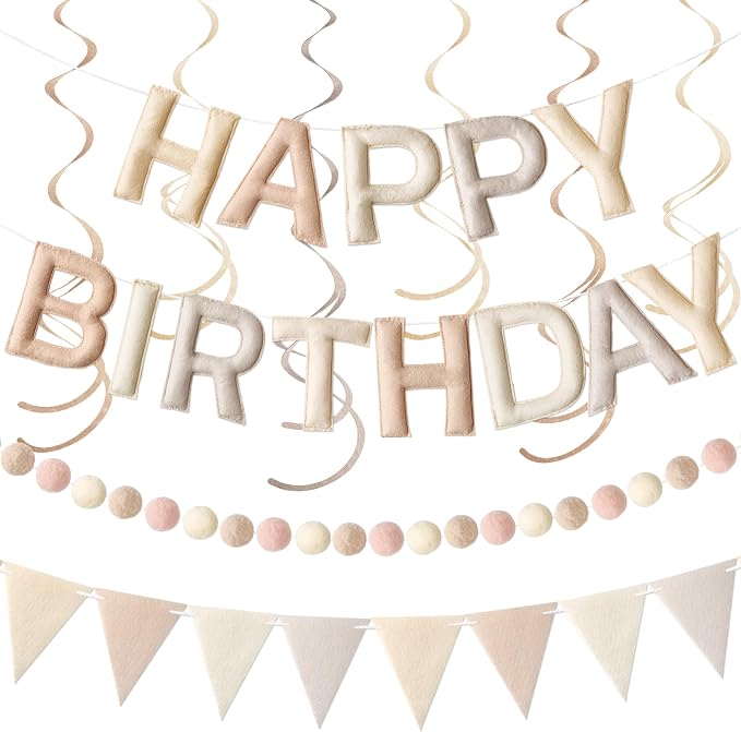 Kriyokiaa Pre-Strung Felt Happy Birthday Banner Retro Neutral Happy Birthday Party Decorations with Pom Pom Garland, Flag and Hanging Swrils for Women Men Boys Girls Party Decor