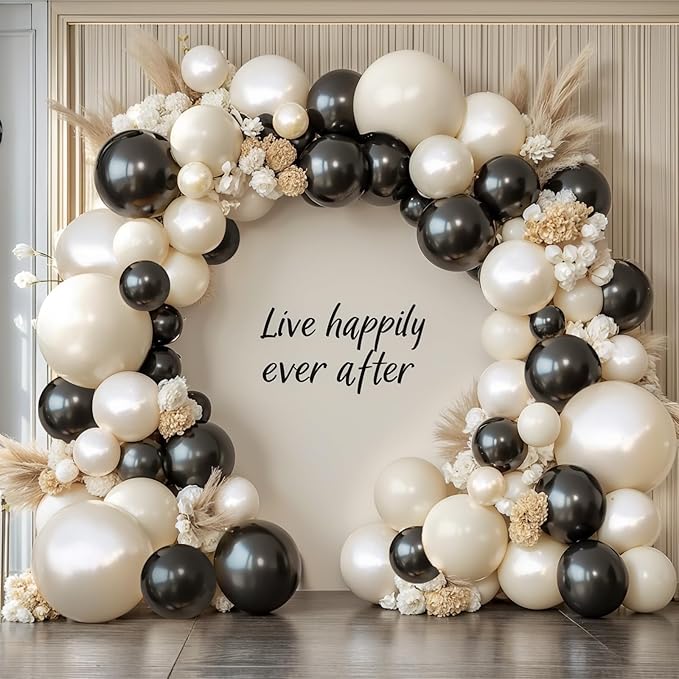 Black and White Balloons Arch Kit - 119 PCs Double Stuffed Cream and Black Balloons Garland Pearl White Sand Beige Ivory Balloons for Wedding Coquette Birthday Party Decorations