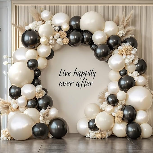 Black and White Balloons Arch Kit - 119 PCs Double Stuffed Cream and Black Balloons Garland Pearl White Sand Beige Ivory Balloons for Wedding Coquette Birthday Party Decorations