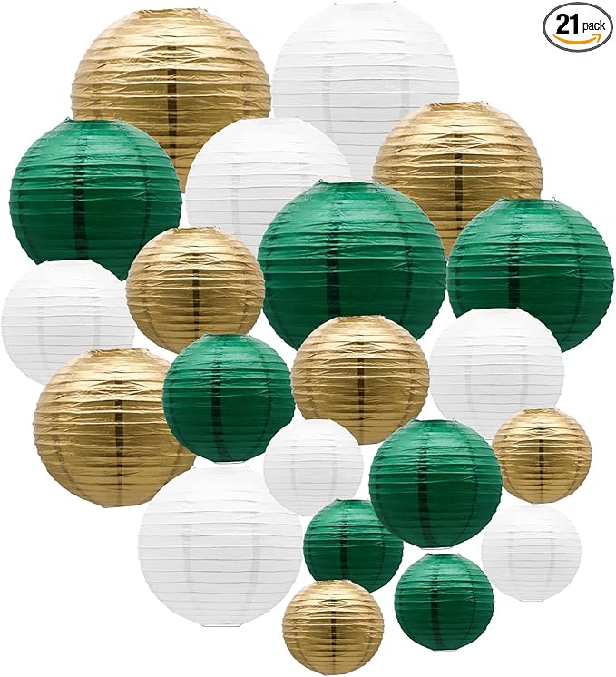 ADLKGG Green Gold Paper Lanterns Party Decorations, Round Hanging Lantern for St. Patrick's Day, Graduation, Wedding, Tropical Jungle Theme Birthday Party Football Theme Baby Shower Decorations