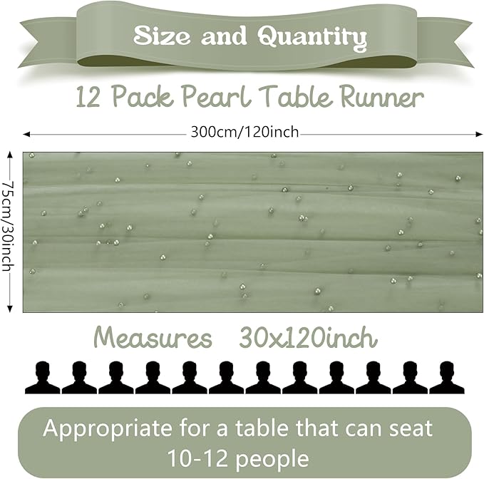 12 Pack 10FT Pearl Table Runner 30x120 Inch Sage Green Tulle Fabric Boho Rustic Sheer Table Runners Lace Table Cloth for Wedding Bridal Shower Birthday Party Arch Veil Dessert Table Decor (Sage Green)