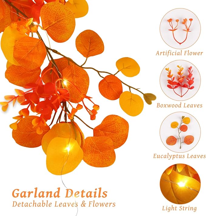 N&T NIETING Fall Eucalyptus Garland, 6FT Artificial Eucalyptus Garland with Lights, Fall Garlands Fall Decorations for Home Thanksgiving Table Fireplace Mantle Party Outdoor(4 Pack)
