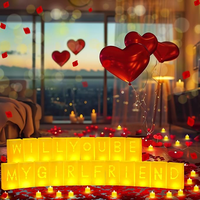 Aurelema 6093 Pcs Will You Be My Girlfriend Light up Letters with LED Flameless Tealight Candle Red Rose Petal Letter Luminary Paper Bag for Valentine's Day Decoration Romantic Special Night Decor