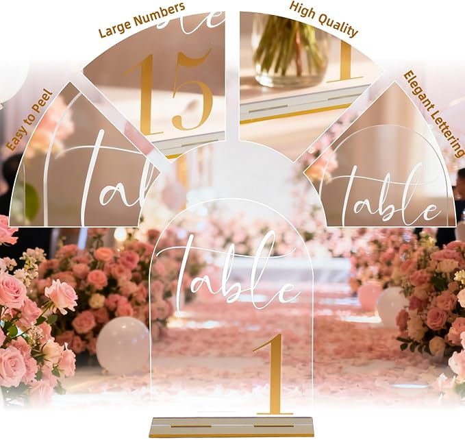 Arch Acrylic Wedding Table Numbers with Gold Font & Stands - 5''x7'' Clear Acrylic Table Number Signs for Wedding Reception, Anniversary, Event & Party Decor (Set 1-20)