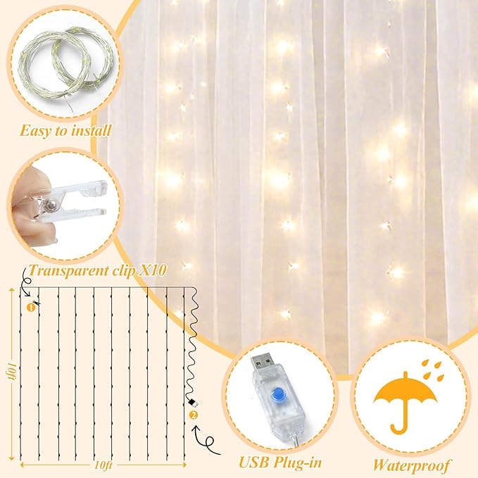 Ledido 10×10ft White Tulle Backdrop Curtains with Lights String - 300LED Fairy Lights Sheer Curtain Backdrop for Wedding Baby Shower Photo Shoot Birthday Party Decoration(2 Panels 5×10ft)，White