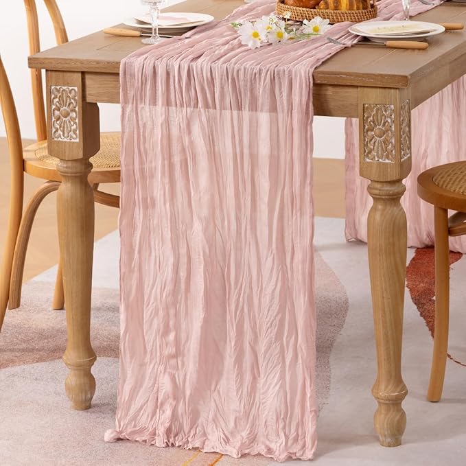 MLMC Pink Table Runner Boho Cheesecloth Table Runner 10ft Rustic Dusty Pink Gauze Cheese Cloth Centerpiece Decor 35x120 Inches for Mothers' Day Wedding Bridal Shower Birthday Party
