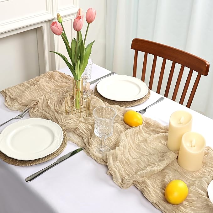 8 Pack Beige Cheesecloth Table Runner 10ft Boho Gauze Fabric 120 Inch Cheese Cloth Table Runner Rustic Sheer for Holiday Baby Shower Party Décor Home Wedding Decoration