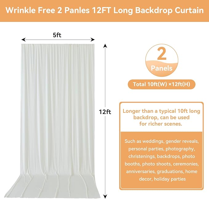 10ftx12ft Ivory Backdrop Curtains for Wedding-Wrinkle Free Backdrops Curtain Drapes Fabric Decorations Photo Back Drop Cloth for Baby Shower Photography Stage Reception 2Panels 12ft(H) x 5ft(W)