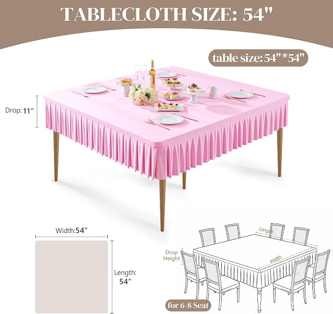 Wish Care Pink Spandex Tablecloths for 54x54 Inch Square Tables, Stretch Fitted Table Clothes with Pleated Ruffle Skirt for 54” Table, Wrinkle Free and Elastic, for Party Kitchen Home Dining