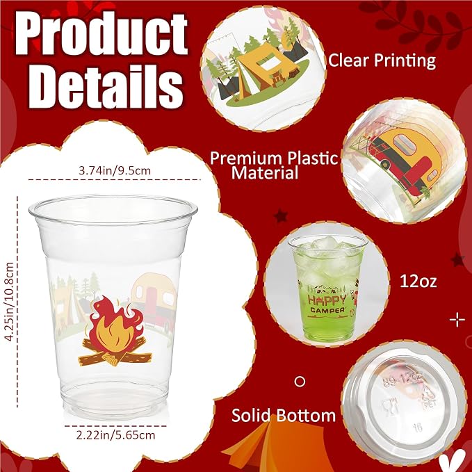 Camping Party Decorations Cups, 50 Pcs 12Oz Bulk Disposable Drinking Camping Theme Plastic Cups for BBQ Coffee Tea Beverage Backyard Birthday Shower Wedding Christmas Party Decorations Favors
