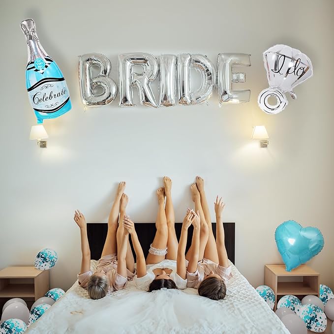 Bachelorettesy 28pc Bachelorette Party Decorations Kit for Bride to Be, Bridal Shower Decorations, Engagement Party – Balloons, Sash, Foil Backdrop Curtain (Teal)