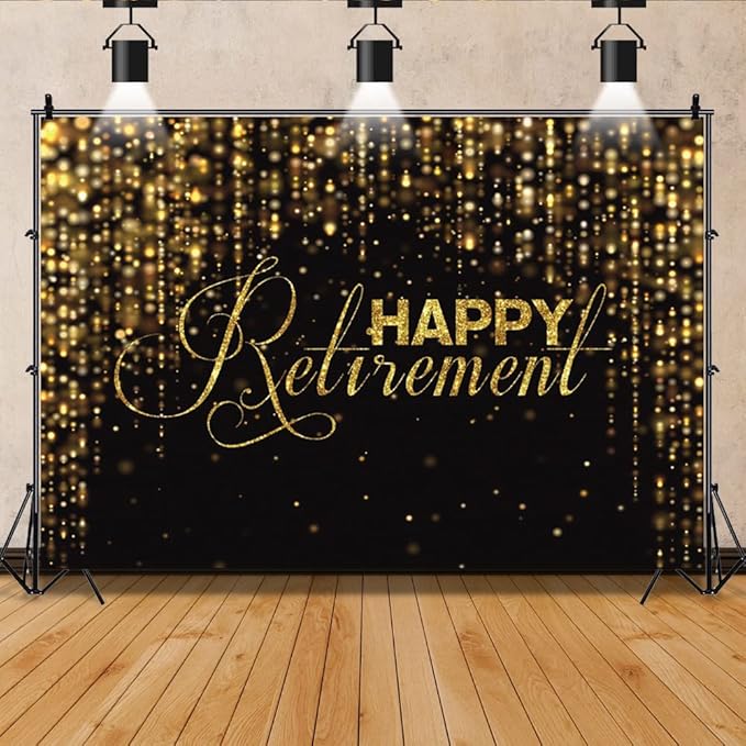 9x6ft Happy Retirement Photography Backdrop Luxury Black and Gold Party Backdrop Background Gold Glitter Celebrate Retirement Party Decorations Wallpaper Studio Props Bokeh Banner Supplies