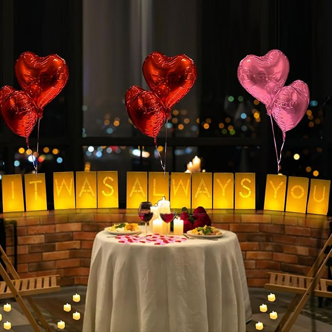 It Was Always You Lighted Letters Sign 8pcs Luminary Paper Bags 2000pcs Red Pink Artificial Rose Petals 48pcs Flameless LED Candle Tealight 10pcs Heart Balloons Romantic Night Valentine's Day Decor