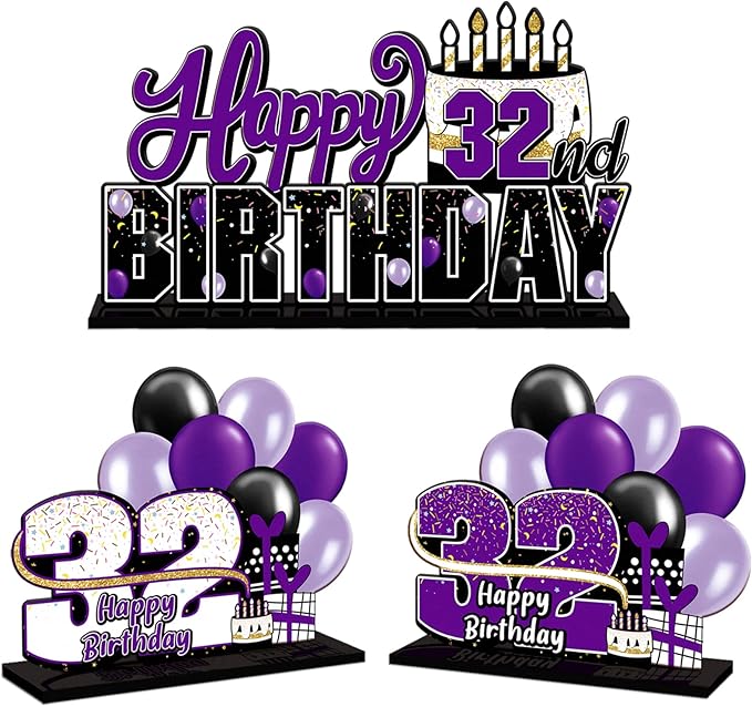 LINGTEER Happy 32nd Birthday Purple Acrylic Table Topper Centerpieces Set - Cheers to 32 Years Old Birthday 32nd Bday Party Gift Decorations.