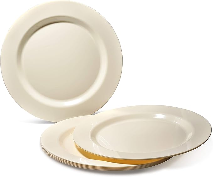 " OCCASIONS " 150pcs set (25 Guests)-Wedding Plastic Plates & cutlery -Disposable heavyweight Dinnerware 10.5'', 7.5'' + Silverware w/double fork (Plain Ivory)