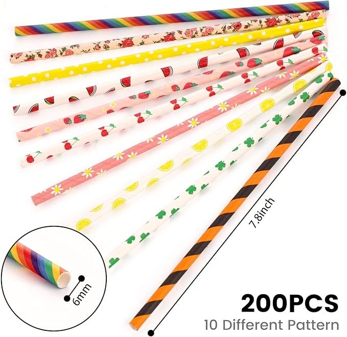 HAKACC Paper Straws for Drinking, 200PCS Party Straws for Birthday Wedding and Holiday DIY Decorations, 10 Styles