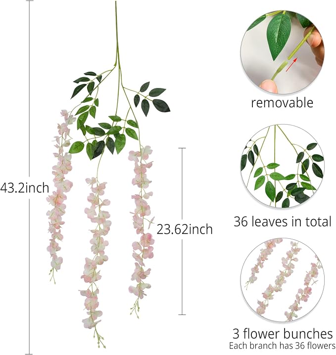 36 Pack Artificial Wisteria Hanging Flowers Fake Wisteria Flower Garland Silk Vines Rattan Decor for Home Wedding Arch Wall Garden Greenery Bedroom Outdoor Office Party Decoration (Light Pink)