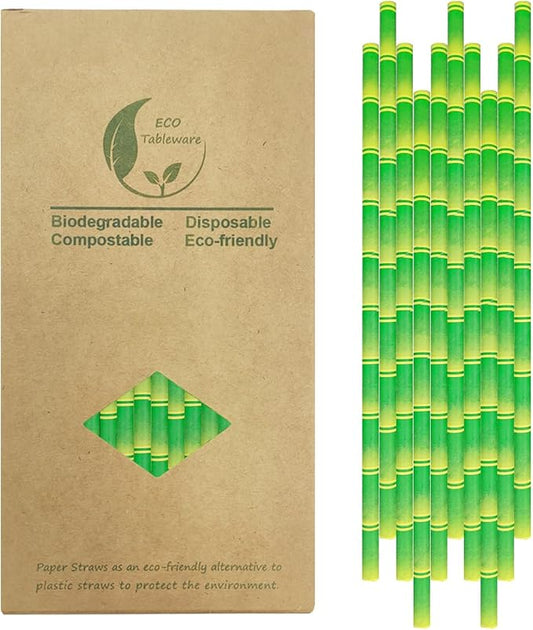 Green Bamboo Printed Paper Drinking Straws, 100 Pack Biodegradable Disposable Bamboo Pattern Straw for Cocktail, Party Decoration