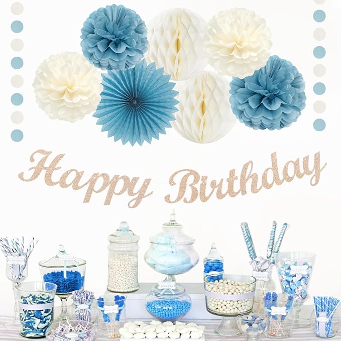 Dusty-Blue White Birthday Party-Decorations Paper-Flowers - 14pcs Happy Banner Boy Lanterns Tissue Pom Poms,Men Streamers Garland Fans Honeycomb,Baby Teen Male Kids Hanging Supplies Decor Hugfond