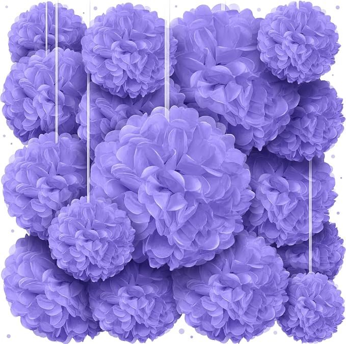 Purple Tissue Paper Pom Poms - Purple Party Decorations for Birthdays, Weddings, Baby Showers and Special Occasions by Avoseta (16 Piece Set, Assorted Sizes)