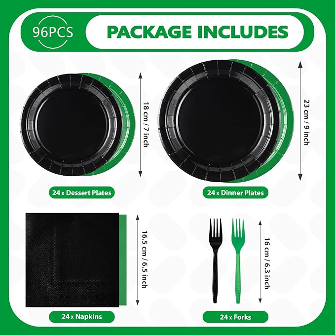 Grencian 96Pcs Green and Black Birthday Decorations Graduation Party Plates and Napkins Solid Color Disposable Heavy Duty Green and Black Tableware Set for Graduation Decorations 2026