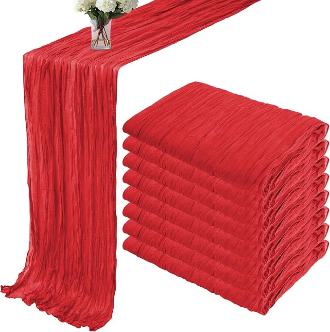 8 Pack Red Cheesecloth Table Runner 35x120 Inches Boho Gauze Rustic Christmas Cheese Cloth Table Runners 10ft Long Romantic Sheer Table Runner for Wedding Bridal Baby Shower Party Decor