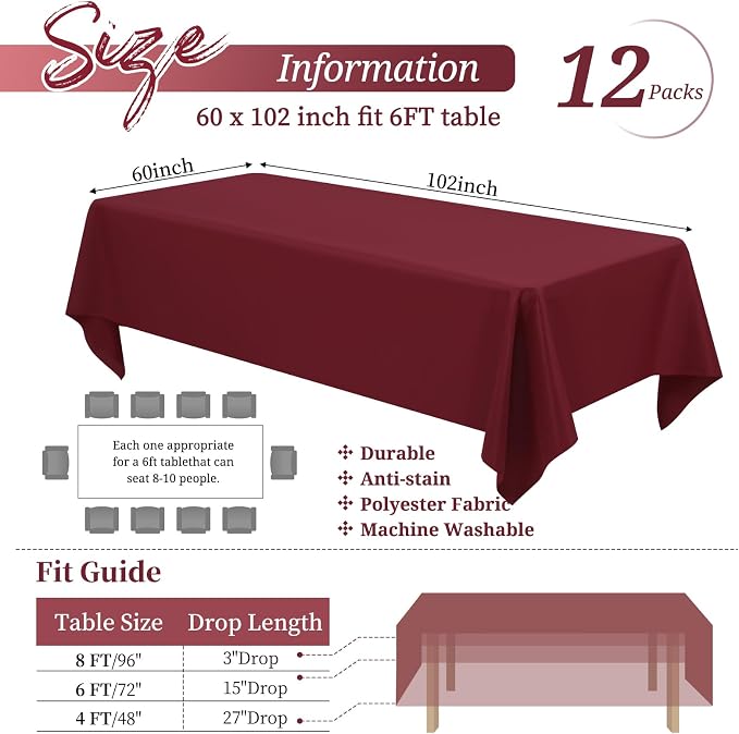 Showgeous 12 Pack Table Cloth Burgundy Tablecloth 60 x 102 Inch Table Clothes for 6 Foot Rectangle Tables, Wrinkle Resistant Washable Polyester Table Cover for Wedding Parties Banquet