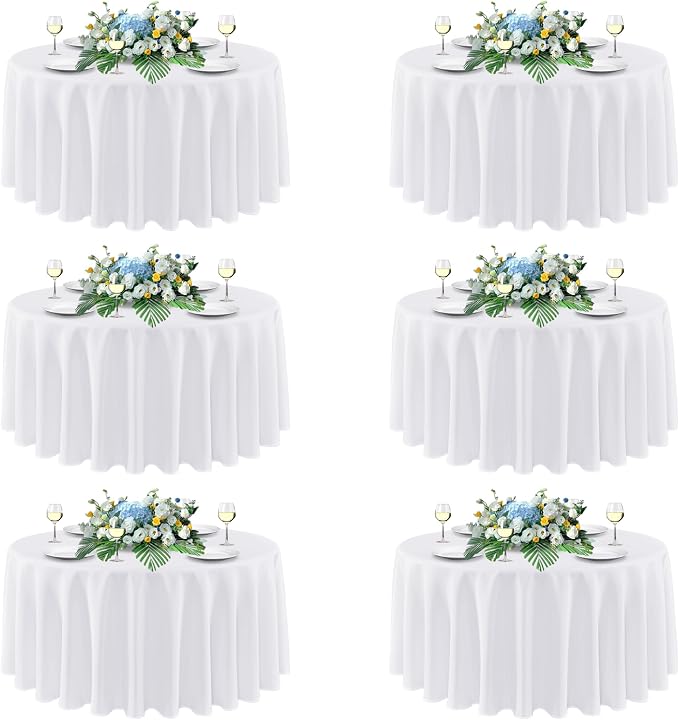 sancua White Round Tablecloths 108 Inch, 6 Pack - Circle Fabric Cloth Table Cloths for Wedding Party Banquet Birthday, Washable Polyester Table Cover (Fit 30-72 Inch Tables)