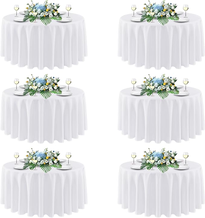 sancua White Round Tablecloths 120 Inch, 6 Pack - Circle Fabric Cloth Table Cloths for Wedding Party Banquet Birthday, Washable Polyester Table Cover (Fit 30-72 Inch Tables)