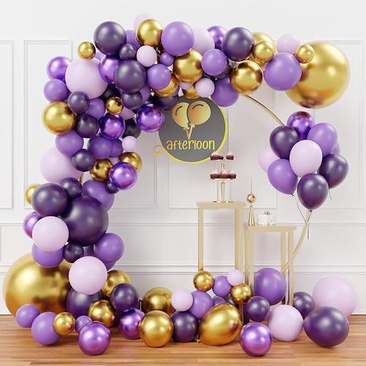 AFTERLOON® Biodegradable Balloons 140pcs Purple/Gold Metallic Confetti Different Sizes 18" 12" 10" 5" Balloon Garland Arch Kit for kids Birthday Party Decorations, Baby Shower, Wedding, Gender Reveal