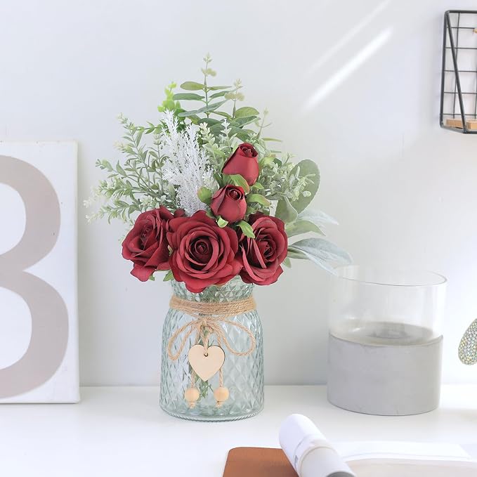 Faux Flowers with Vase,Artificial Silk Roses in Vase, Fake Plant Eucalyptus Flower Arrangement for Home Office Farmhouse Bathroom Dining Table Centerpiece Decorations Coffee Table Decor (Burgundy)