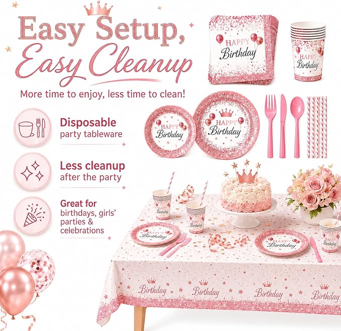 212Pcs Pink Birthday Party Supplies Set, Disposable Plates Napkins Cups Cutlery Tableware Kit with Balloons Banner Tablecloth, Serve 24 Guests for Girls Women Baby Shower Decorations