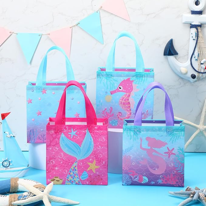 Sweetude 40 Pcs Mermaid Gift Party Favor Bags with Handle, Non Woven Goodie Bags Birthday Favor for Birthday Baby Shower Packaging Supplies