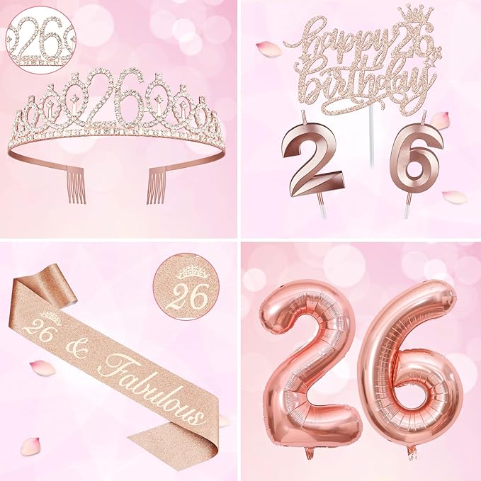 26th Birthday Decorations for Women, Including 26th Birthday Sash and Tiara, Cake Topper and Candles, Number Balloons, 26 Year Old Gifts for Women