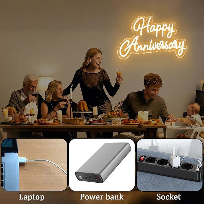 Happy Anniversary Neon Sign,Wedding Birthday Party Bar Decoration Neon Light for Anniversary, Dimmable LED Sign for Pub Christmas,Restaurant,Bedroom Wall Decor