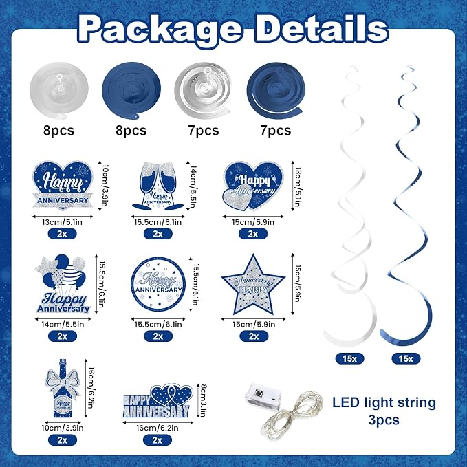 Wedding Anniversary Party Decorations Hanging Swirls, 16Pcs Blue Silver Happy Anniversary Hanging Ceiling Swirls with LED Light for Men Women Anniversary, 25th 50th 60th Wedding Anniversary Party Decor