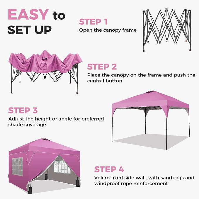 GDY 12x12FT Pop Up Canopy Tent with One Push Setup, Easy to Install with 4-Sidewalls for Events, Parties, Camping, Outdoor Gazebo with 4-Sandbags and Wheel Bag, Pink.