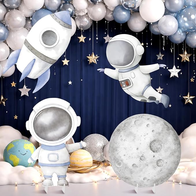 4 Pcs Large First Trip Around The Sun Decoration for Boy Birthday Space Party Cardboard Cutouts, Moon Astronaut Rocket Themed Standups for Baby Shower Photo Booth Backdrop Decor