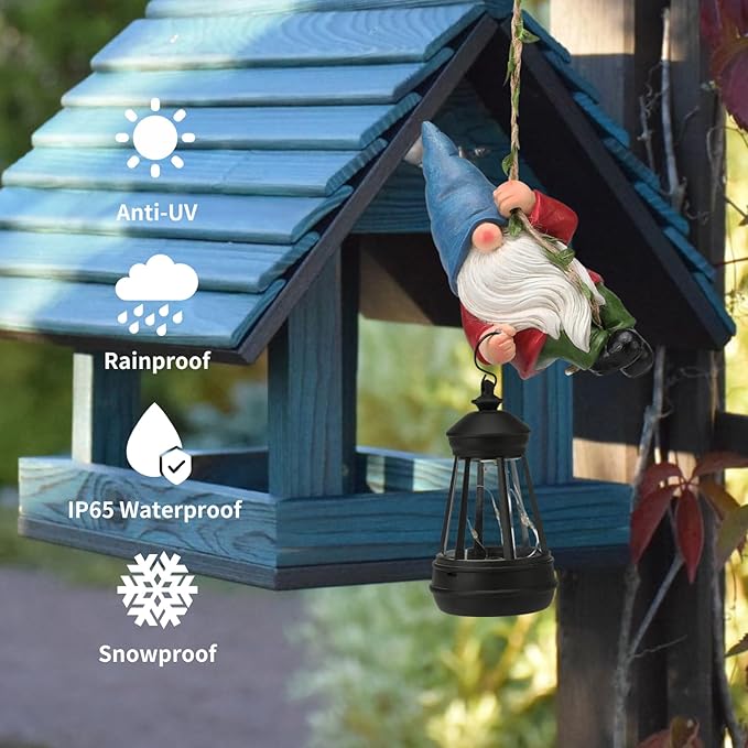 Solar Hanging Gnome Garden Statues Climbing Rope Gnome with LED Lantern Summer Outdoor Decor Tree Hugger Yard Porch Wall Fence Decoration Mother's Day Birthday Gifts for Mom Women