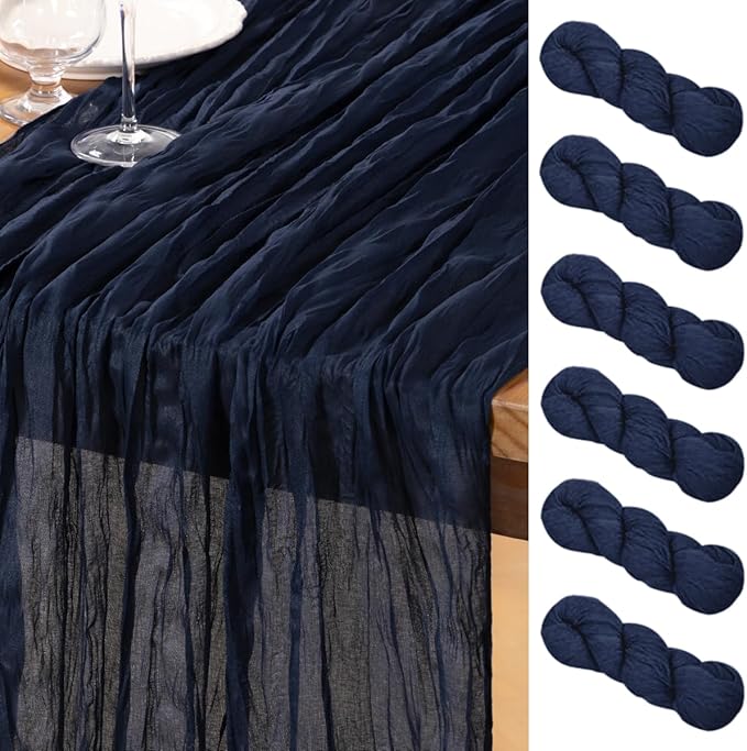 DeZerlor Navy Blue Cheesecloth Table Runner 6 Pack Spring Easter Table Runners Boho Gauze 120 Inches Navy Cheese Cloth Table Decor for Wedding Bridal Baby Shower Parties
