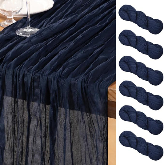 DeZerlor Navy Blue Cheesecloth Table Runner 6 Pack Spring Easter Table Runners Boho Gauze 120 Inches Navy Cheese Cloth Table Decor for Wedding Bridal Baby Shower Parties