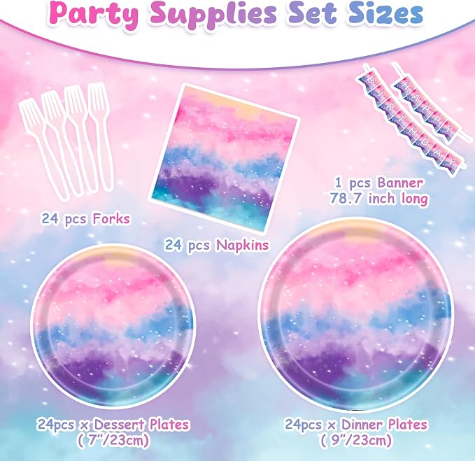 Galaxy Party Kit for 24 Guests - 97 Pcs Including Plates, Forks, Napkins, Bunting - Perfect for Astronaut-Themed Birthday Adventures