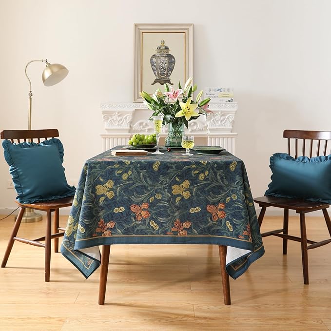 patdrea Vintage French Linen Tablecloth,Rectangular,94"x63"-Herbert C | Elegant Large Table Cloth for Rectangle Table,Navy Blue Floral Patterned,Dining Room Tea Party Thanksgiving Coffe Table