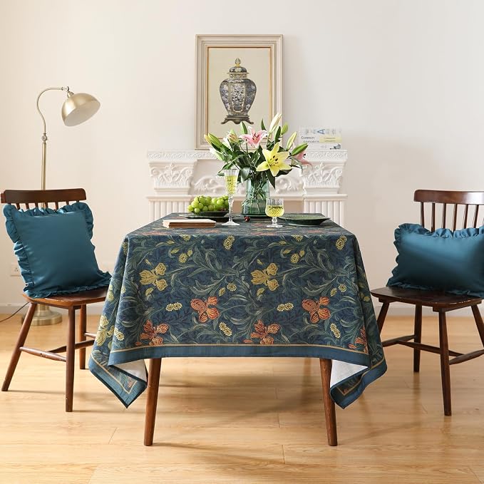 patdrea Vintage French Linen Tablecloth,Rectangular,71"x55"-Herbert C | Elegant Table Cloth for Rectangle Table,Navy Blue Floral Patterned,Dining Room Tea Party Thanksgiving Coffe Table
